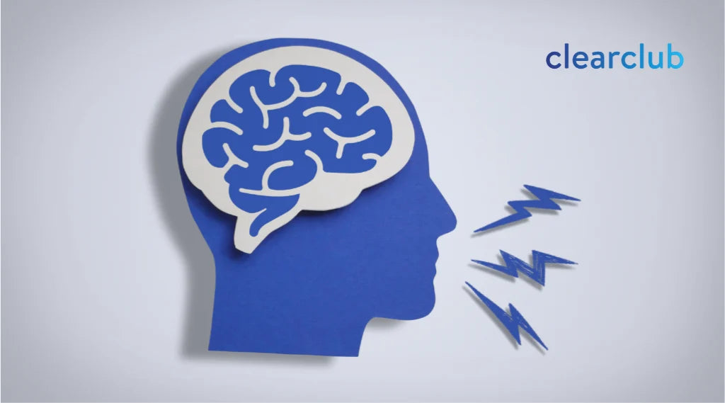 Illustration of a person with a highlighted brain and lightning bolts symbolizing teeth grinding and clenching, showing the connection between mental health and bruxism.