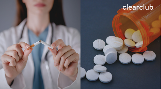 Cigarette and pill bottle placed side by side, symbolizing harmful habits