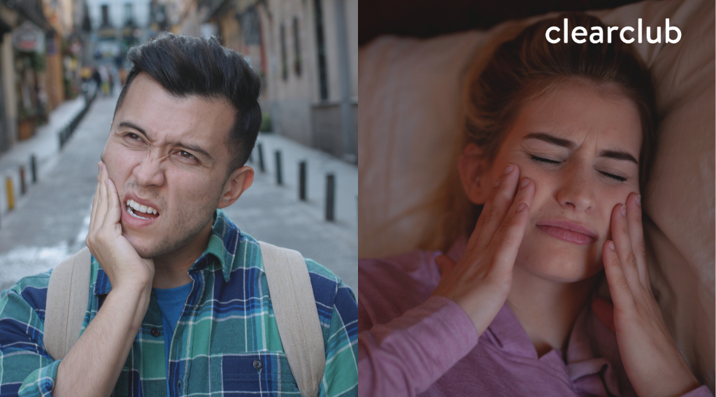 Man holding his jaw in pain, representing daytime bruxism (left); woman lying in bed clutching her cheeks, showing signs of nighttime bruxism (right)