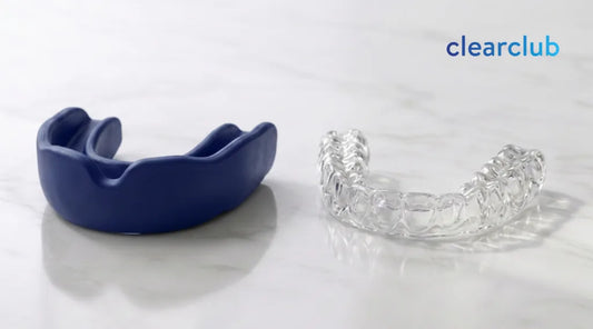 Side-by-side comparison of a sports mouthguard and clear dental guard