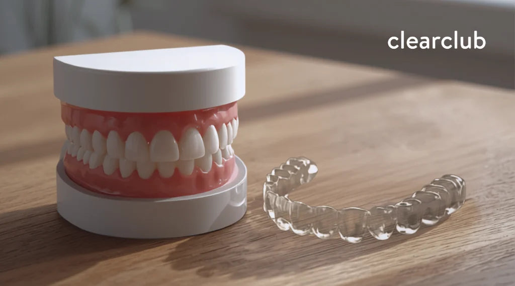 A dental teeth model with bonded veneers and clear custom night guard positioned side by side together