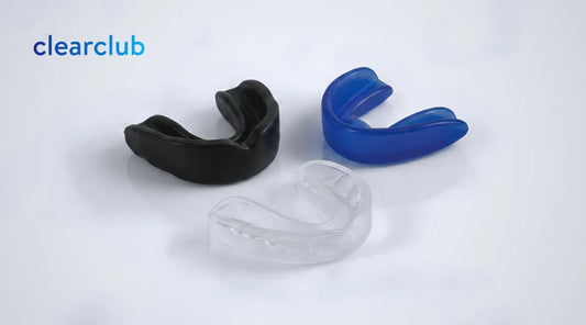 Black sports mouthguard, blue over-the-counter mouthguard, and clear custom night guard shown side by side for comparison.