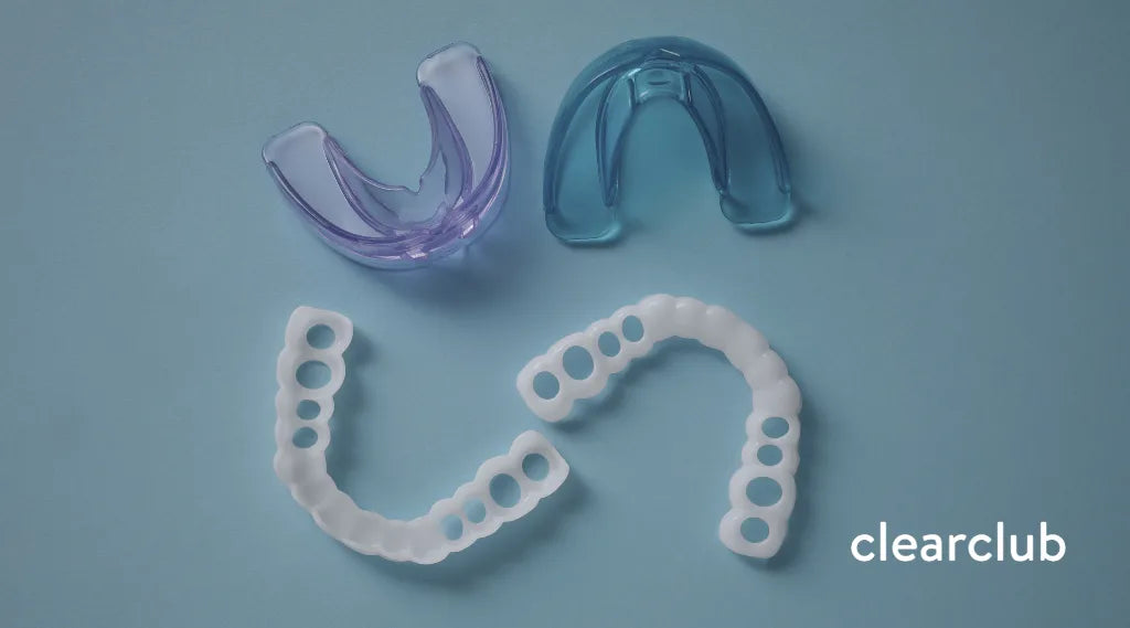 Custom and over-the-counter night guards for teeth grinding and sleep apnea relief, shown from above.