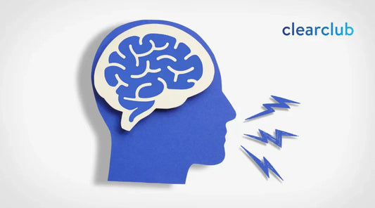 Illustration of a person with a highlighted brain and lightning bolts symbolizing teeth grinding and clenching, showing the connection between mental health and bruxism.