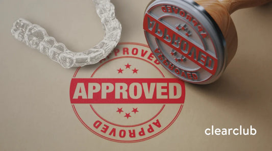 “Approved” stamp placed beside a dental night guard on a flat surface. 