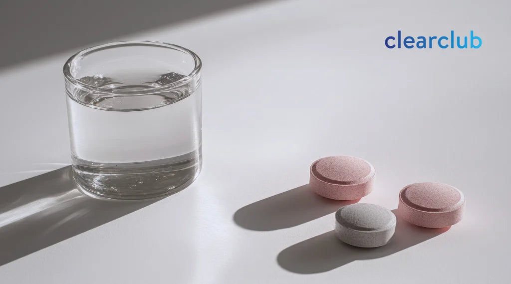 Retainer cleaning tablets placed near a glass of water, a common method for cleaning retainers.