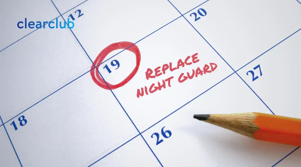 Calendar with a marked date and label indicating when to replace a night guard.