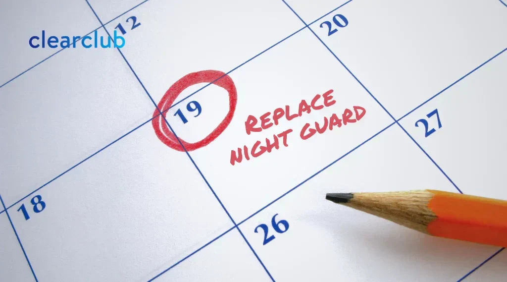 Calendar with a marked date and label indicating when to replace a night guard.