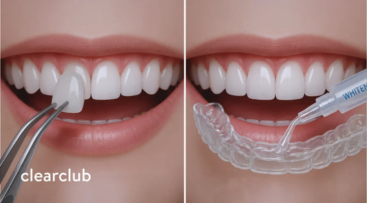 A veneer cap being fitted on teeth and whitening gel applied to a tray.