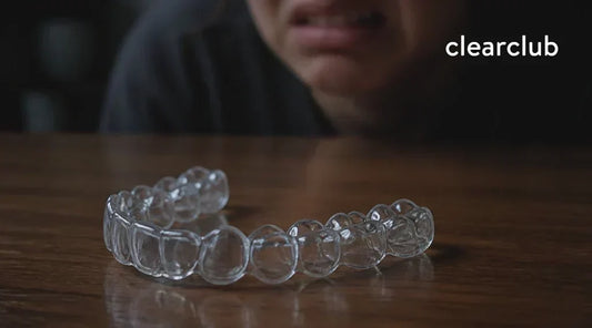 Woman examining her clear plastic retainer after noticing an unpleasant taste.
