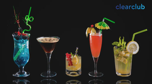 A lineup of alcoholic drinks, including colorful and coffee cocktails, all of which may stain teeth.