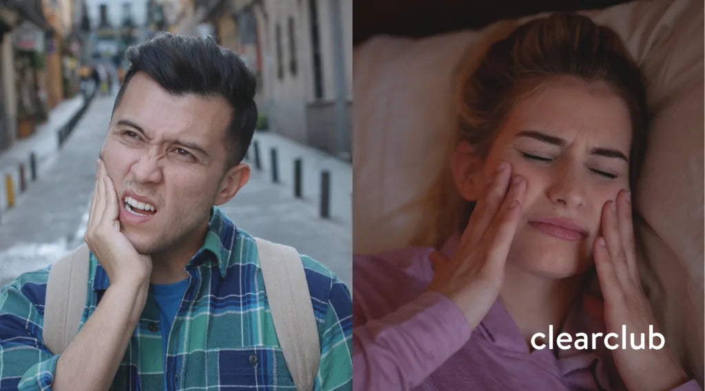 Man holding his jaw in pain, representing daytime bruxism (left); woman lying in bed clutching her cheeks, showing signs of nighttime bruxism (right)