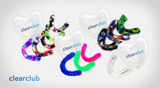  Different types of ClearClub custom mouthguards — clear, colored, multi-color, and sports options