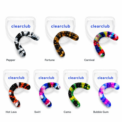 Collection of multi color custom night guards including pepper fortune carnival hot lava swirl camo and bubble gum designs